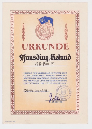 Ddr urkunde für hervorragende - ddr,